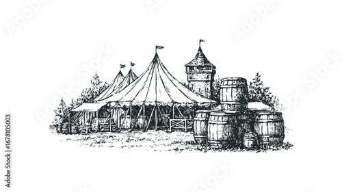 Sketch of a medieval festival tent with a tower and barrels. Vector hand drawn illustration