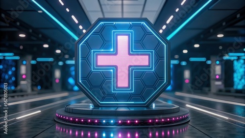 Cybersecurity in telemedicine shines in futuristic clinic, digital health cross glows amid hexagon panel, secure network echoes calm trust