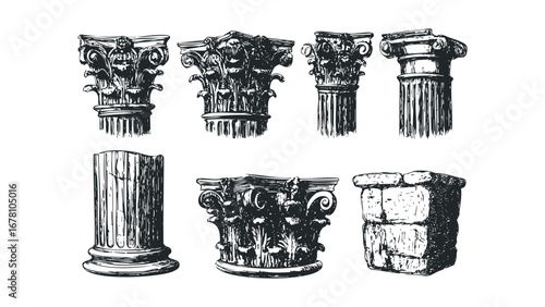Collection of ancient architectural column elements and carved capitals. Vector hand drawn illustration