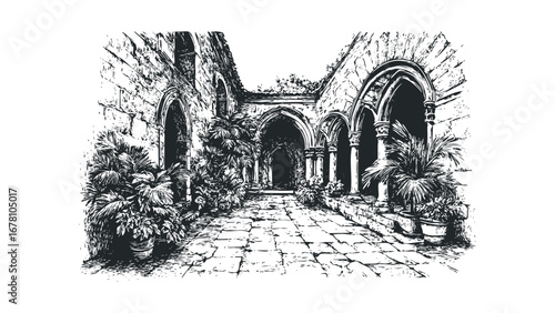Hand-drawn sketch of a historic cloister courtyard with arched walkways and lush potted plants. Vector hand drawn illustration