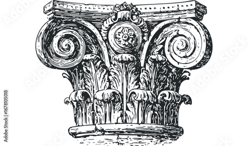 Ionic Column Capital with Acanthus Leaves and Scrolls. Vector hand drawn illustration