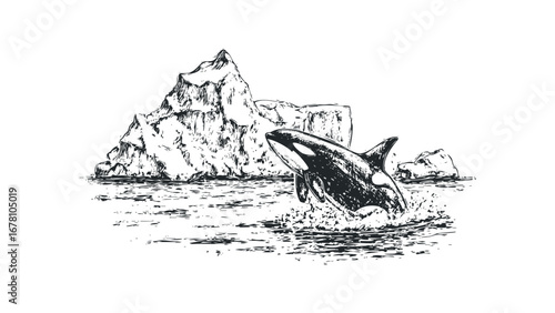 Orca whale breaching near icebergs in a monochrome sketch. Vector hand drawn illustration