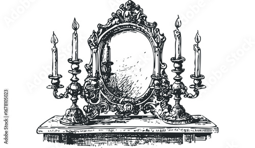 Ornate oval mirror and candelabra with lit candles on a table. Vector hand drawn illustration