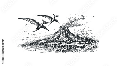 Prehistoric pterodactyls fly near a smoking volcano by the sea. Vector hand drawn illustration