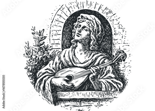 Person playing a lute through an arched window with foliage. Vector hand drawn illustration