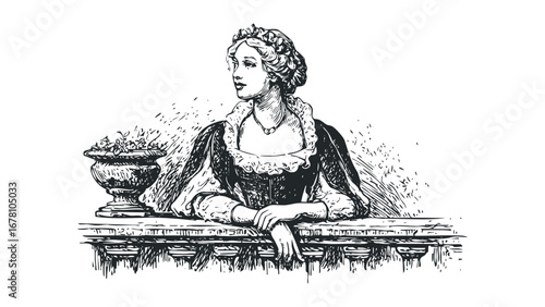 Elegant woman in ornate attire leans on a stone railing with a decorative vase of flowers. Vector hand drawn illustration