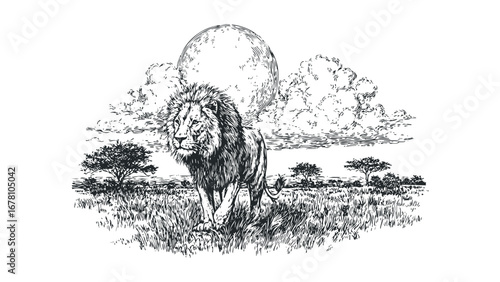 King of Savanna walking under a large full moon. Vector hand drawn illustration