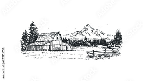 Rustic barn with split rail fence and mountain landscape in sketch style. Vector hand drawn illustration