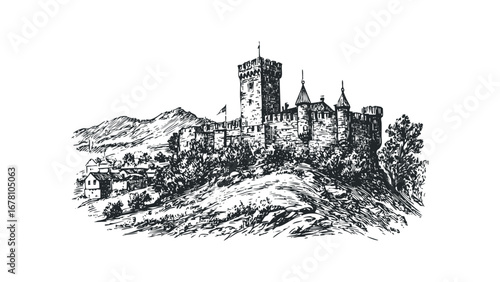 Vintage castle structure with towers and surrounding village on a hill. Vector hand drawn illustration