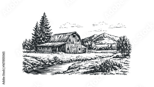 Black and white drawing of a wooden barn with a creek and mountains. Vector hand drawn illustration