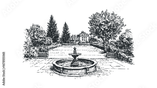 Architectural sketch of a formal garden with a circular fountain and surrounding trees. Vector hand drawn illustration