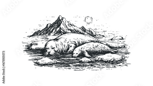 Vintage sketch of two seals resting on ice floes near rocky shores under a stylized sun. Vector hand drawn illustration