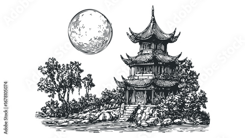 Detailed ink sketch of a multi-tiered pagoda and full moon. Vector hand drawn illustration