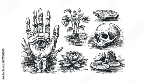 Macabre and Mystical Elements Featuring All-Seeing Hand and Skull. Vector hand drawn illustration