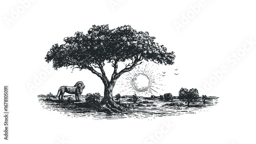 Monochromatic African savanna scene with lion under acacia tree at sunrise. Vector hand drawn illustration