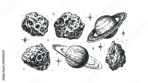 Ink sketch planets and asteroids in starry sky. Vector hand drawn illustration