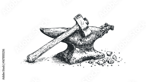 Hammer resting on blacksmith anvil with scattered metal fragments on transparent background. Vector hand drawn illustration