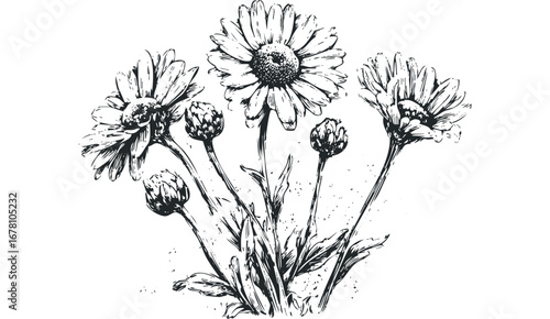 Black and white ink sketch of daisies and buds with scattered dots. Vector hand drawn illustration
