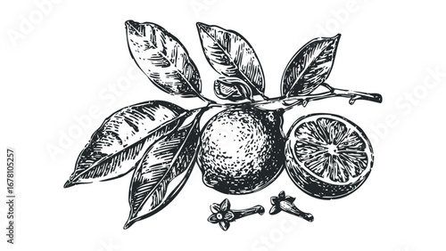 Black and white sketch of a lemon branch with fruit and leaves. Vector hand drawn illustration