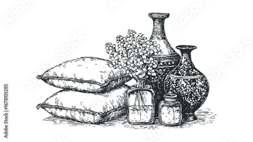 Vintage Vases with Pillows and Flowers Sketch. Vector hand drawn illustration