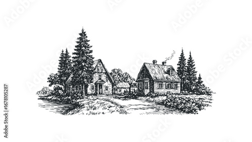 Hand Drawn Village Scene With Houses and Trees on Transparent Background. Vector hand drawn illustration