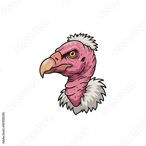 Illustration of a vulture head with pink skin and white feathers.