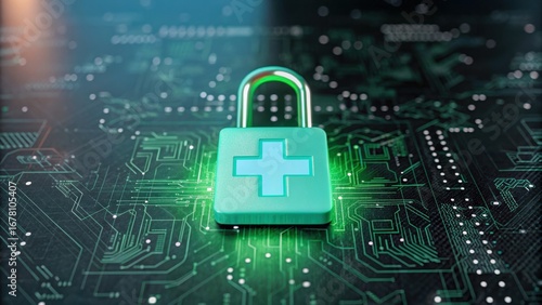 Glowing green padlock light blue cross cyber security data protection digital health medical privacy secure network neon circuit futuristic