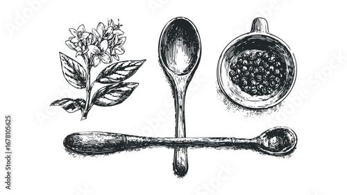 Hand Drawn Black and White Spoons with Pepper and Branch. Vector hand drawn illustration