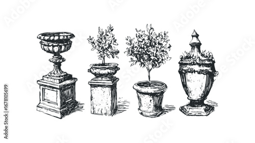 Sketch of Classical Garden Planters and Topiary Trees on Transparent Background. Vector hand drawn illustration