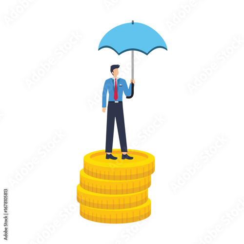 Businessman balancing on unstable stack of coins and holding umbrella financial stability risk money on stack of coins stock illustration
