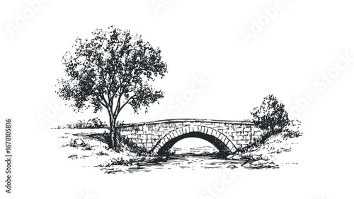 Sketch of a stone arch bridge spanning a stream with a large leafy tree beside it. Vector hand drawn illustration