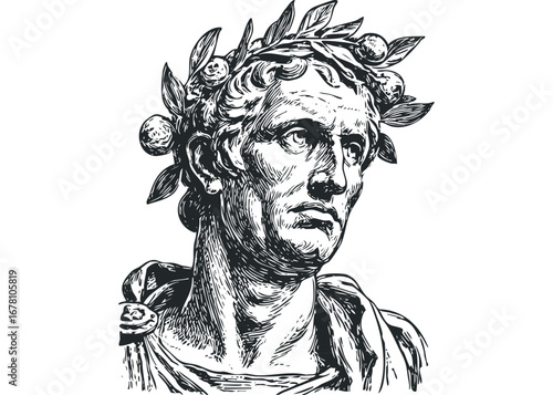 Ancient Greek or Roman man wearing laurel wreath, depicted in vintage engraving style. Vector hand drawn illustration