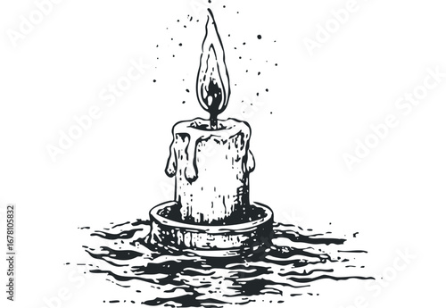 Ornate Candle Burning with Dripping Wax on a Surface. Vector hand drawn illustration