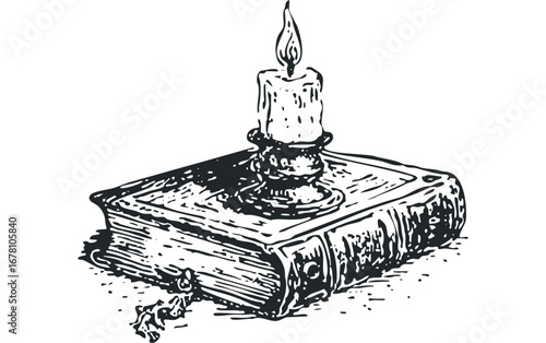 Vintage illustration of a lit candle on an antique book. Vector hand drawn illustration