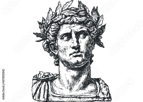 Greek hero bust with laurel wreath illustration on transparent background. Vector hand drawn illustration