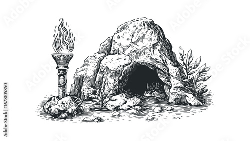 Vintage etching of a prehistoric cave entrance with a lit torch. Vector hand drawn illustration