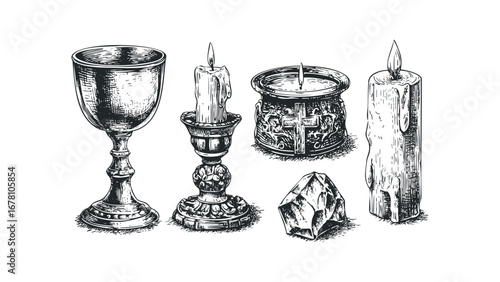 Ornate Goblet, Candles on Candlestick, and Crystal Mineral Sketch. Vector hand drawn illustration