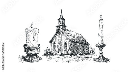 Antique church building sketch flanked by lit candles on ornate holders. Vector hand drawn illustration