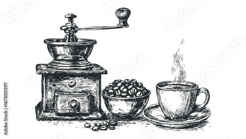 Vintage coffee grinder with beans and hot steaming cup. Vector hand drawn illustration