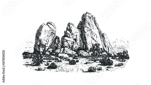 Monolith rock formations and arid vegetation sketch on transparent background. Vector hand drawn illustration