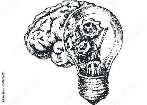 Brain with internal gears inside a light bulb sketch. Vector hand drawn illustration
