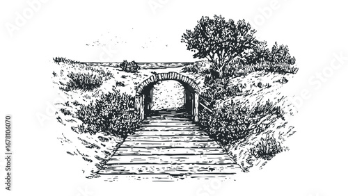 Sketch of arched walkway entrance with vegetation and distant water view. Vector hand drawn illustration
