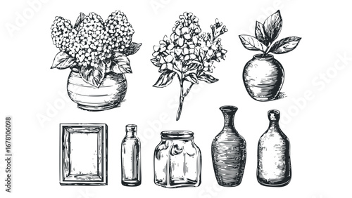 Black and white sketch set of floral bouquets and containers on transparent background. Vector hand drawn illustration