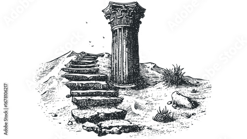 Ancient stone staircase leading to a classical column with birds overhead. Vector hand drawn illustration