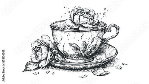 Vintage teacup overflowing with delicate rose bloom and scattered petals. Vector hand drawn illustration