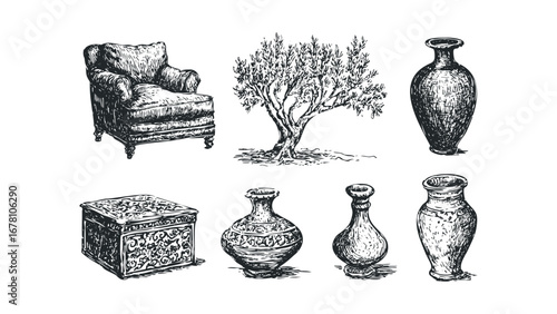 Sketch Collection of Antique Furniture and Decorative Vases. Vector hand drawn illustration