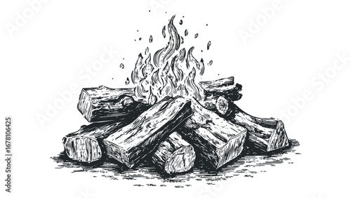 Hand drawn campfire with burning logs and smoke in sketch style. Vector hand drawn illustration
