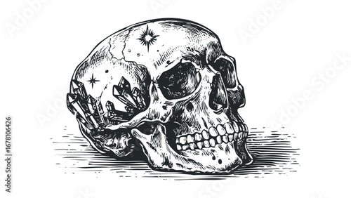 Human skull with crystals growing from the side and starry accents. Vector hand drawn illustration