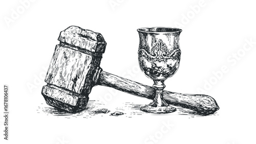 Vintage wooden mallet and ornate chalice. Vector hand drawn illustration