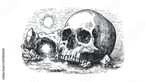 Engraved Skull with Crystals and Cave Entrance Under Sun. Vector hand drawn illustration